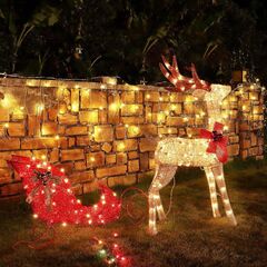 Zcaukya Christmas Outdoor Yard Decoration, 4 ft Tall, 120 LEDs, Pre-lit 3D Reindeer & Sleigh