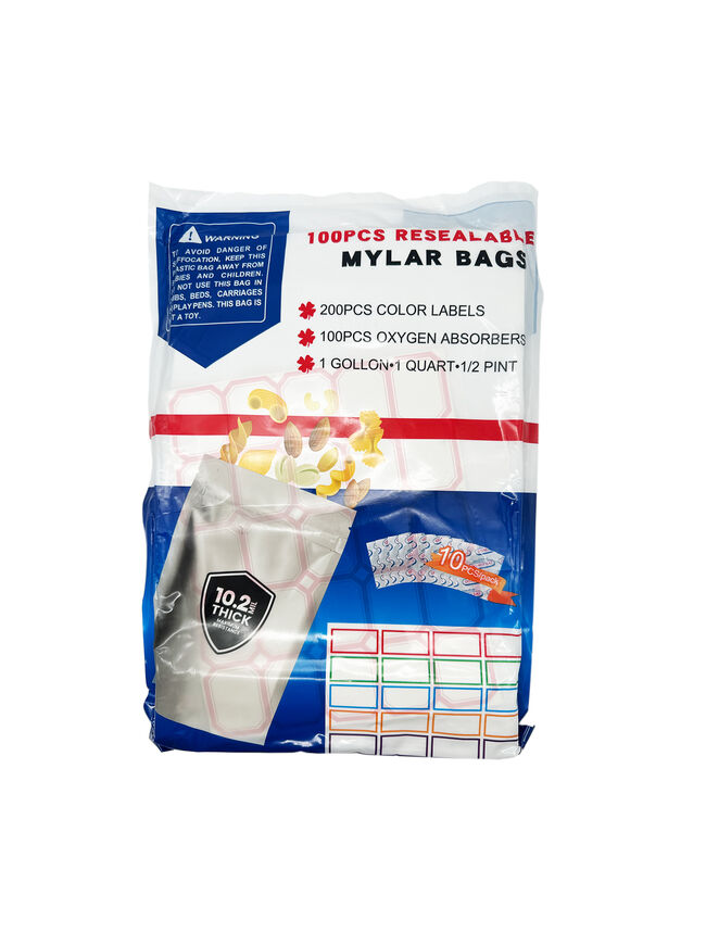 100pcs Mylar Bags for Food Storage with 100 Oxygen Absorbers & 200 Color Labels, 10.2 Mil Thick, 3 Sizes (1 Gallon, 1 Quart, 1/2 Pint)