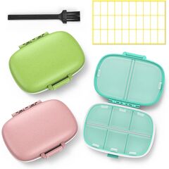 8 Compartment Travel Pill Boxes, 7 Day Pill Organizers, Pack of 3, (Pink + Blue + Green)