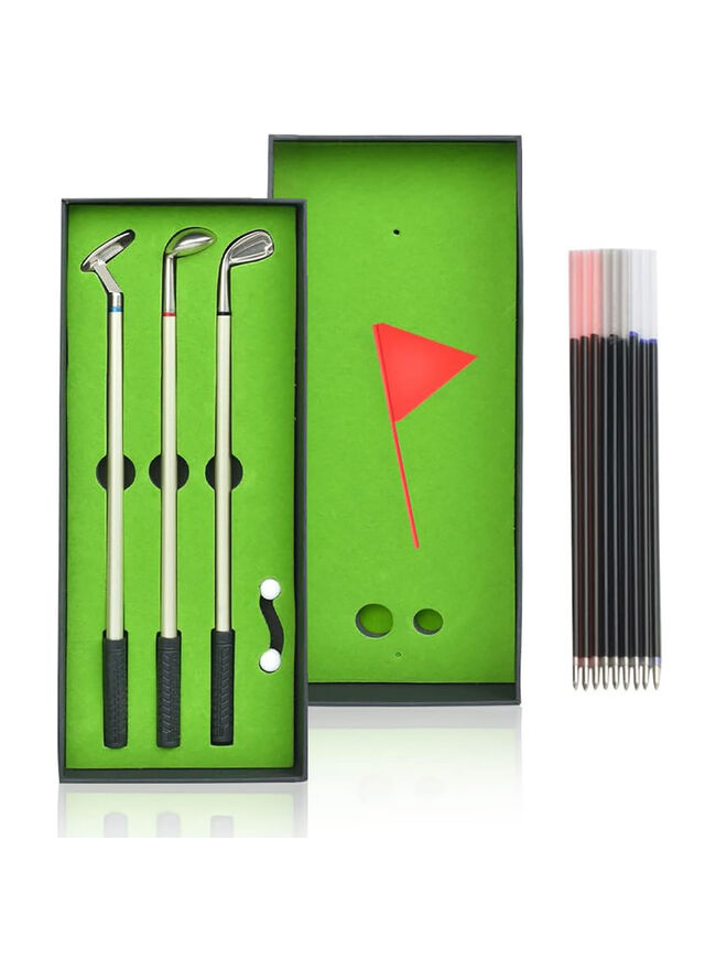 Hongred Mini Desktop Golf Game - 3 Ballpoint Pen Golf Clubs with 2 Miniature Golf Balls and Putting Green