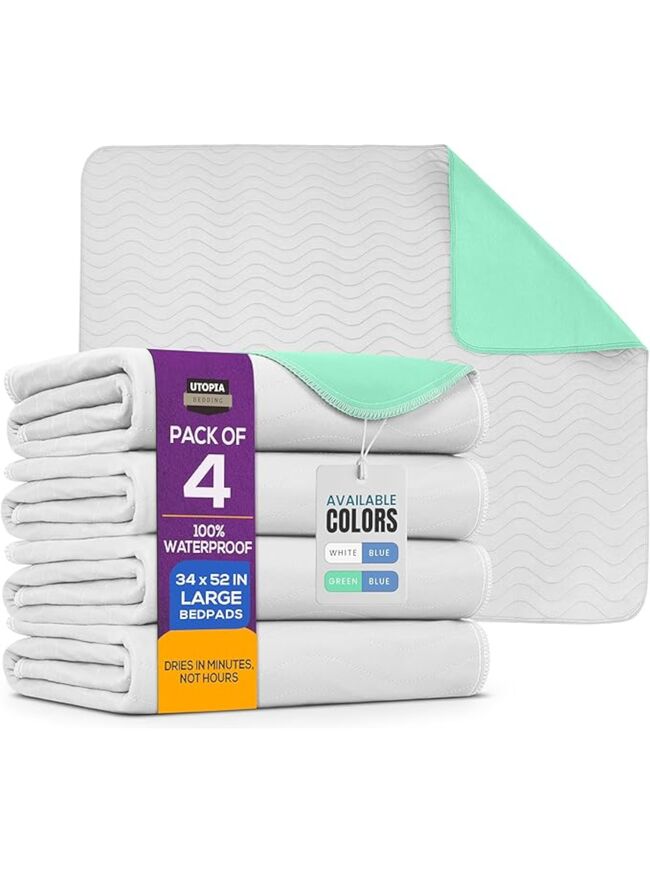 Utopia Bedding Washable Pee Pads for Dogs 34" x 52" (Pack of 4), Waterproof Incontinence Bed Pads for Adults, Elderly and Kids, Heavy Absorbency Pet Training Pads for Sofa and Couch (White, Green)