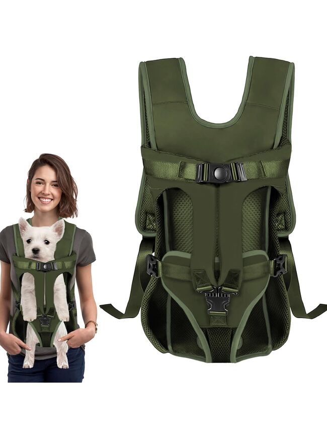 Dog Front Carrier Backpack, Dog Backpack Carrier Soft Pad, Pet Legs Out, Easy-Fit Dogs Front Carrier for Small Medium Puppy, Hands Free Dog Carrier Adjustable for Cycling Hiking (Army Green, S)