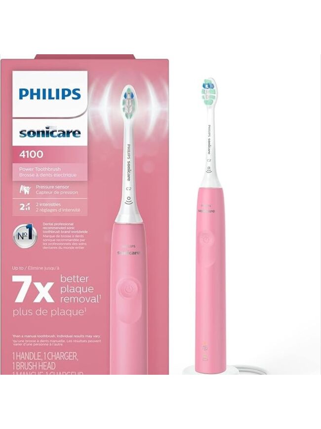 Philips Sonicare 4100 Rechargeable Electric Toothbrush, with Pressure Sensor, 2 Intensity Settings, SmarTimer and QuadPacer, 14-Day Battery Life, Deep Pink, Model HX3681/26