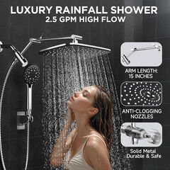 Veken Wide Rain Shower Head with 6 Modes Handheld Water Spray, High Pressure Showerhead Combo with Arm for Bathroom Accessories，Home Decor Adjustable Dual Shower with Anti-Clog Nozzles,Silver Chrome