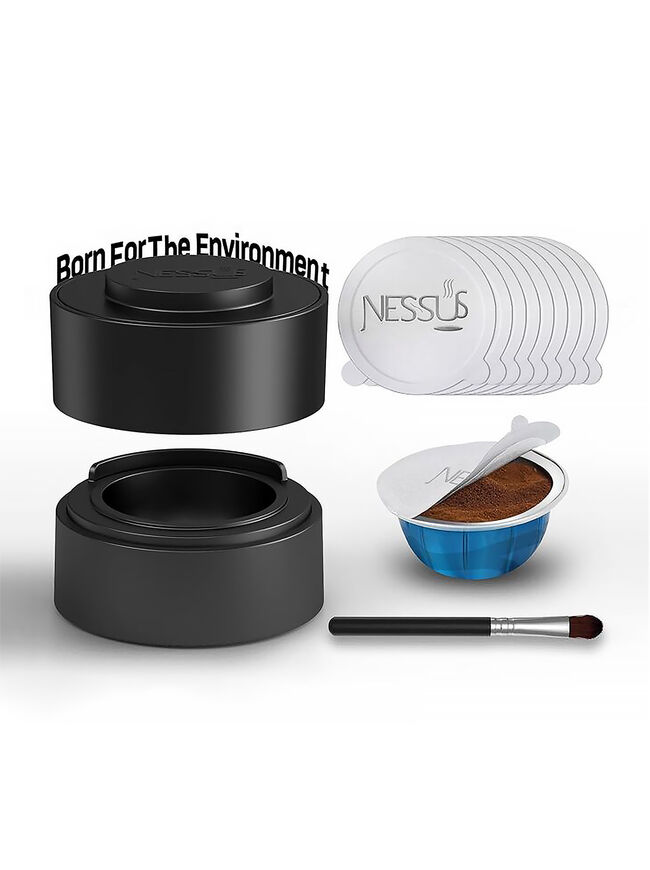 Nessus Vertuo Reusable Pods Kit, 50 Pcs [ALSeal EZ FIT] Aluminum Foil Seals for Nespresso Capsules Vertuoline, Holder and Brush, Fits for Refillable Vertuo Pods(Pods Not Included)