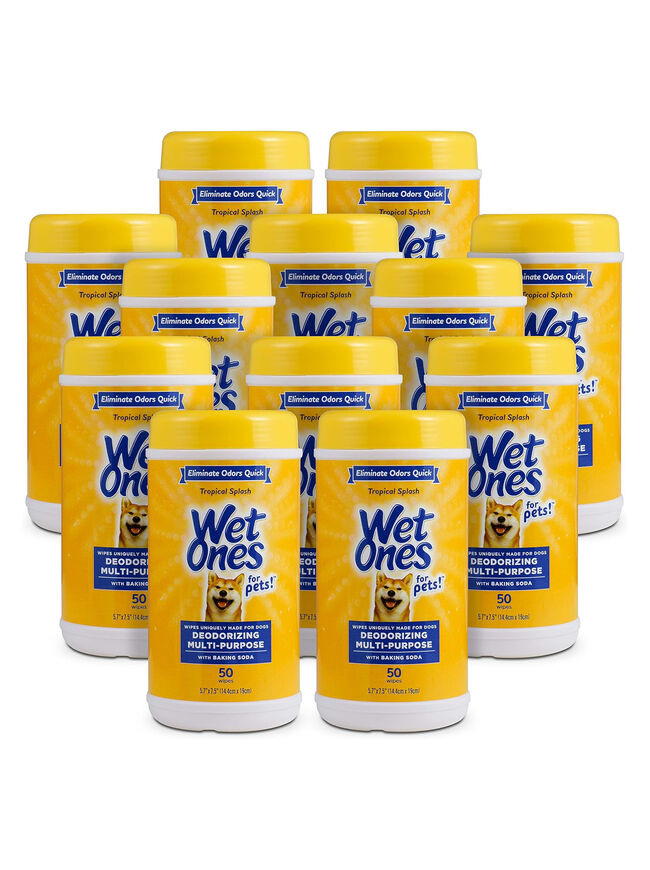 Wet Ones for Pets Deodorizing Multi-Purpose Dog Wipes With Baking Soda Dog Deodorizing Wipes For All Dogs in Tropical Splash Scent, Wet Ones Wipes for Deodorizing Dogs 50 Count (Pack of 12)
