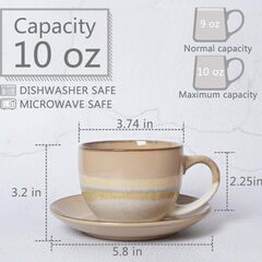 Bosmarlin Ceramic Cappuccino Cup and Saucer Set of 2, 10 Oz, Coffee Cups for Latte, Espresso, Tea, Dishwasher and Microwave Safe (Brown Grey)