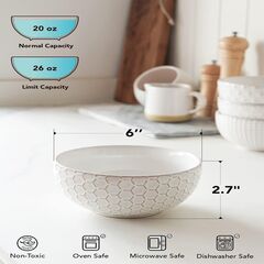 LE TAUCI Cereal bowls 26 oz, Ceramic Soup Bowl for Kitchen, Embossment Stoneware Bowl for Pho, Chip, Fruits, Salad, Noodle, Ramen, Suit For Housewarming - 6 Inch, Set of 4, Arctic white