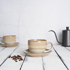 Bosmarlin Ceramic Cappuccino Cup and Saucer Set of 2, 10 Oz, Coffee Cups for Latte, Espresso, Tea, Dishwasher and Microwave Safe (Brown Grey)