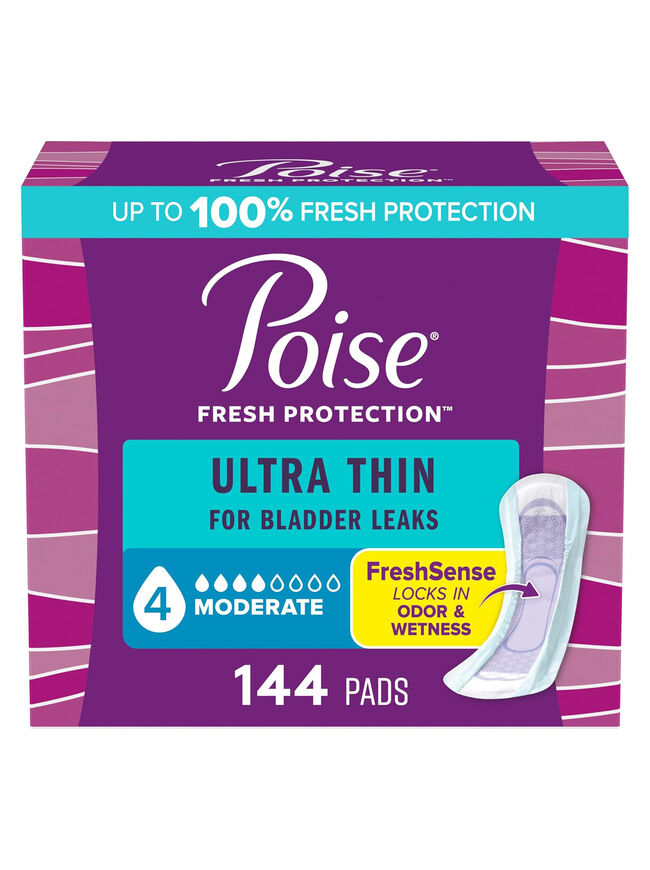 Poise Ultra Thin Incontinence Pads & Postpartum Pads for Bladder Leaks, 4 Drop Moderate Absorbency, Regular Length, 144 Count, Packaging May Vary