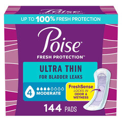 Poise Ultra Thin Incontinence Pads & Postpartum Pads for Bladder Leaks, 4 Drop Moderate Absorbency, Regular Length, 144 Count, Packaging May Vary