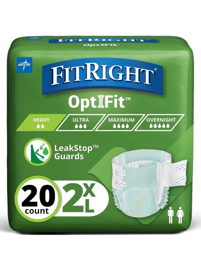 Extra+ OptiFit Heavy Absorbency Adult Diapers, FSA/HSA Eligible,20 Count, Waist Size 60"-70",2XL, Incontinence Briefs for Men and Women, Disposable, Moisture Wicking, Leak Protection