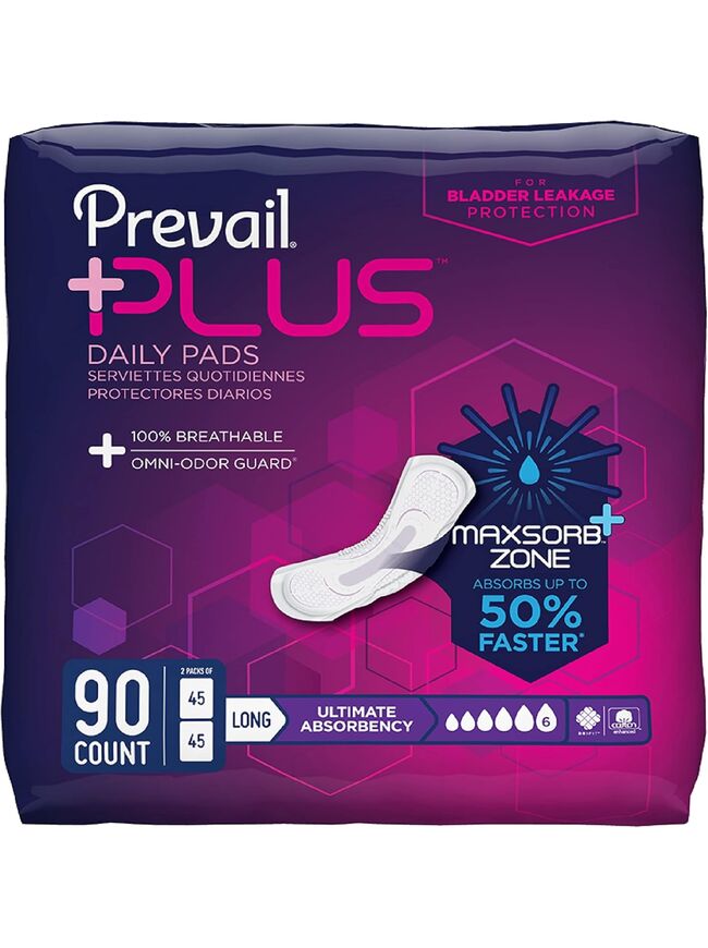 Prevail Plus | Long Length Incontinence Bladder Control Pads | Ultimate Absorbency | 90 Count (2 packs or 45)