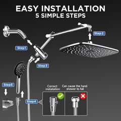 Veken Wide Rain Shower Head with 6 Modes Handheld Water Spray, High Pressure Showerhead Combo with Arm for Bathroom Accessories，Home Decor Adjustable Dual Shower with Anti-Clog Nozzles,Silver Chrome