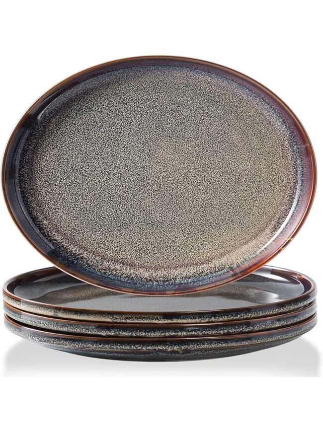 Ceramic Flat Plates Set of 4-8 in - The Dessert, Salad, Appetizer, Small Lunch, etc Plate. Microwave, Oven, and Dishwasher Safe, Scratch Resistant. Kitchen Porcelain Dish-Caramel Brown