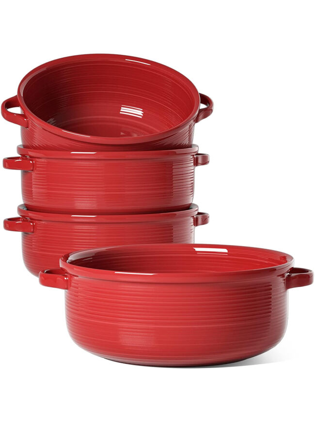 LE TAUCI Soup Bowls with Handles, Ceramic French Onion Soup Bowls 22 Ounces for Soup, Cereal, Chilli, Beef Stew, Stackable Serving Bowls Set, Oven Microwave Dishwasher Safe, Set of 4, Red