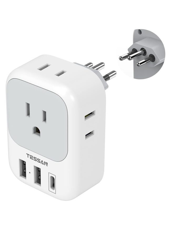 TESSAN Brazil Power Type N Adapter, 4 American Outlets 3 USB Charger