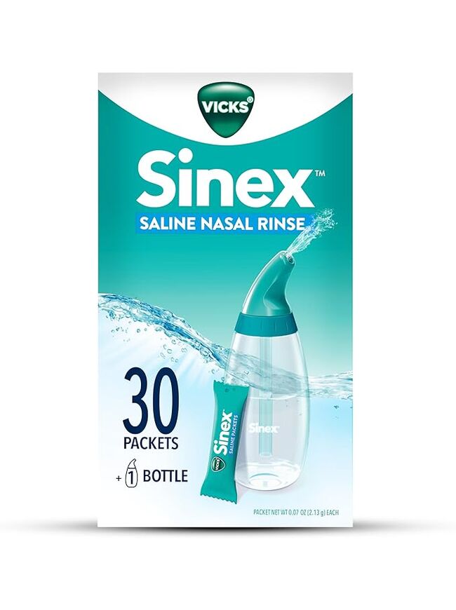 Vicks Sinex Saline Nasal Rinse Starter Kit, Drug Free Saline, Flush Out Mucus and Allergens, Fast & Effective Relief for Everyday Congestion from Sinus & Allergy, 1 Bottle + 30 Refill Packets