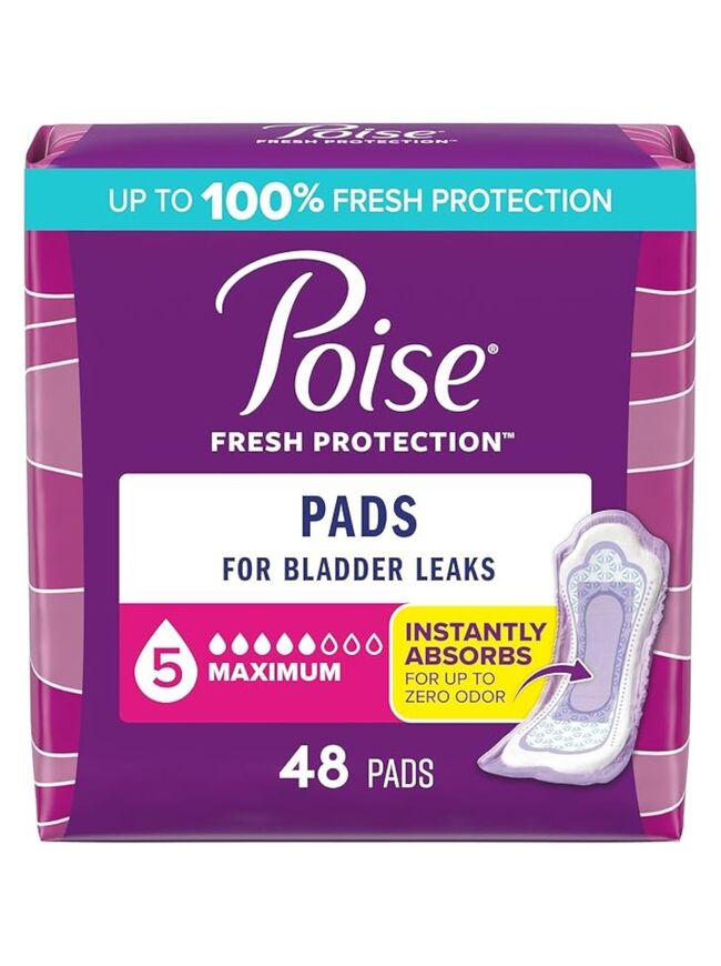 Poise Incontinence & Postpartum Pads for Bladder Leaks, 5 Drop Maximum Absorbency, Regular Length, 48 Count, Packaging May Vary