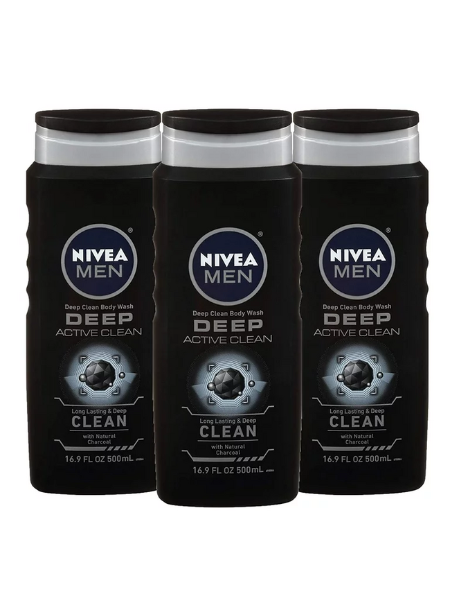 Nivea Men Deep Active Clean Charcoal Body Wash 16.9 Fl Oz Bottle (3 Pack)