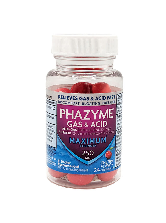 PHAZYME Gas & Acid Maximum Strength 250 MG Cherry Flavor 24 Chewables