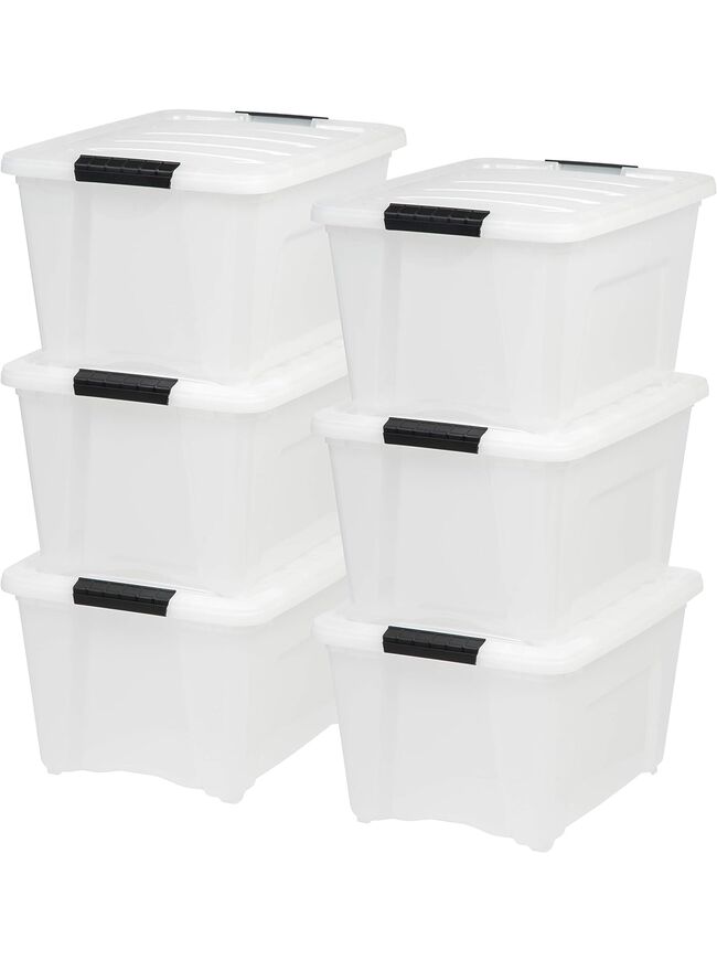 IRIS USA 32 Quart Stackable Plastic Storage Bins with Lids and Latching Buckles, 6 Pack