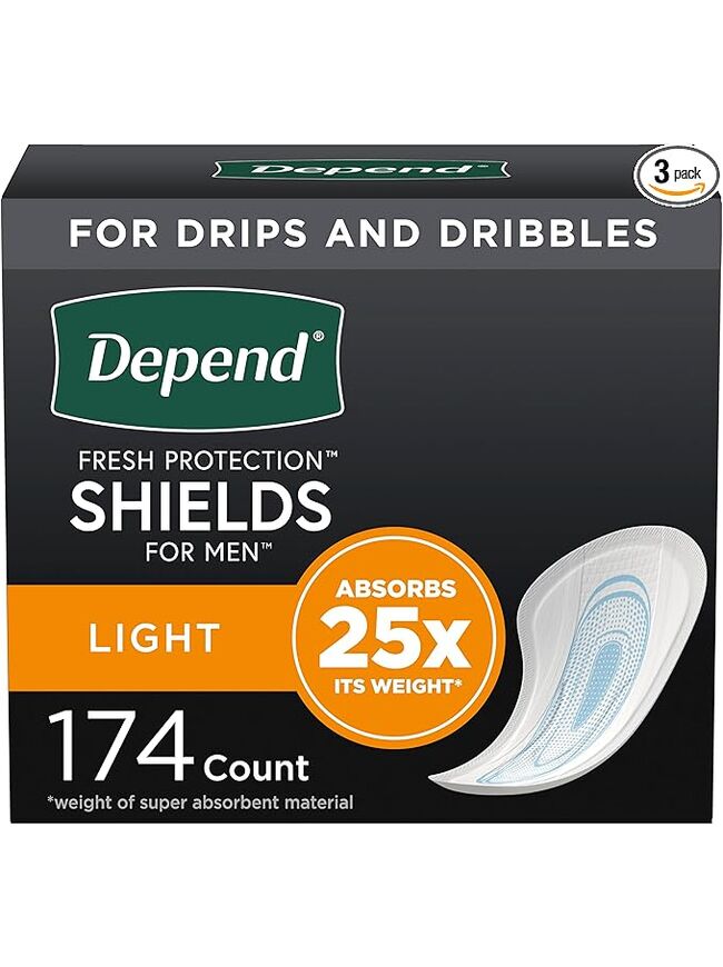 Depend Incontinence/Bladder Control Shields, Pads for Men, Light Absorbency, 174 Count (3 Packs of 58) (Packaging May Vary)