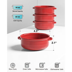 LE TAUCI Soup Bowls with Handles, Ceramic French Onion Soup Bowls 22 Ounces for Soup, Cereal, Chilli, Beef Stew, Stackable Serving Bowls Set, Oven Microwave Dishwasher Safe, Set of 4, Red