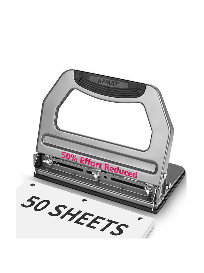 AFMAT Heavy Duty 3 Hole Punch, 50-Sheet 2 Hole Punch, 50% Reduced Effort 3-Hole Puncher, Adjustable Three Hole Punch 2 Hole Paper Punch, Metal Paper Puncher w/Large Chip Tray, Metal Paper Guide, Gray