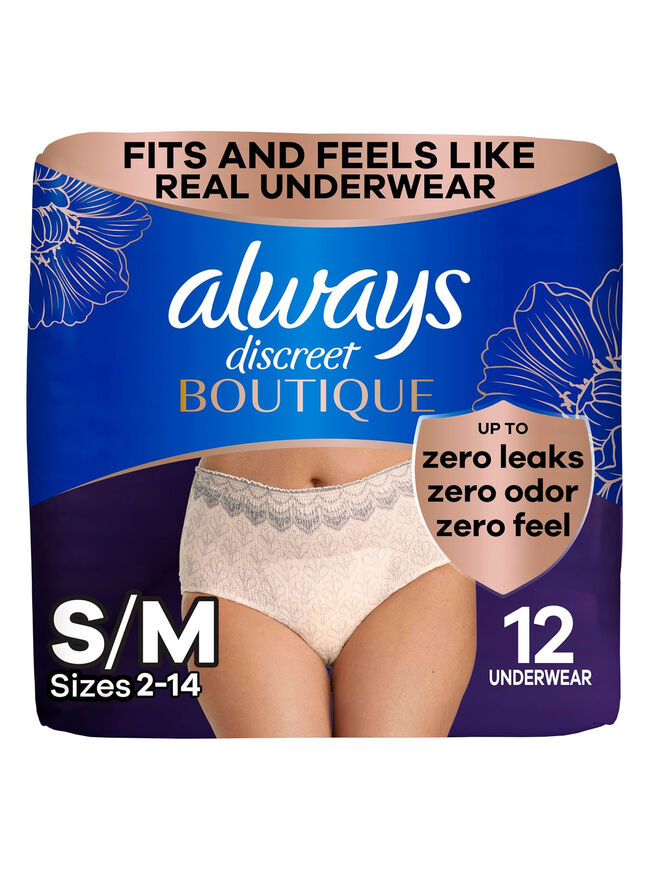Always Discreet Boutique Adult Incontinence & Postpartum Underwear For Women, High-Rise, Size Small/Medium, Rosy, Maximum Absorbency, Disposable, 12 Count (Packaging May Vary)