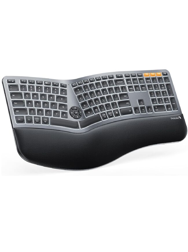 Backlit Wireless Ergonomic Keyboard, EK01 Plus Full Size Ergo Split Keyboard with Wrist Rest, USB-C Charging, Bluetooth and USB, Natural Typing Compatible with Windows/Mac/Android