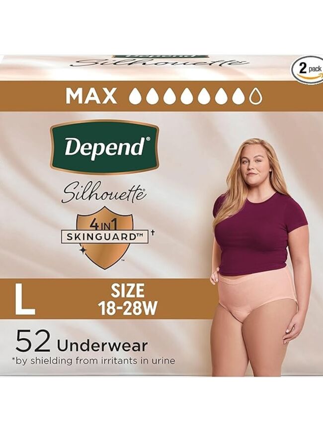 Depend Silhouette Adult Incontinence & Postpartum Bladder Leak Underwear for Women, Maximum Absorbency, Large, Pink, 52 Count (2 Packs of 26), Packaging May Vary