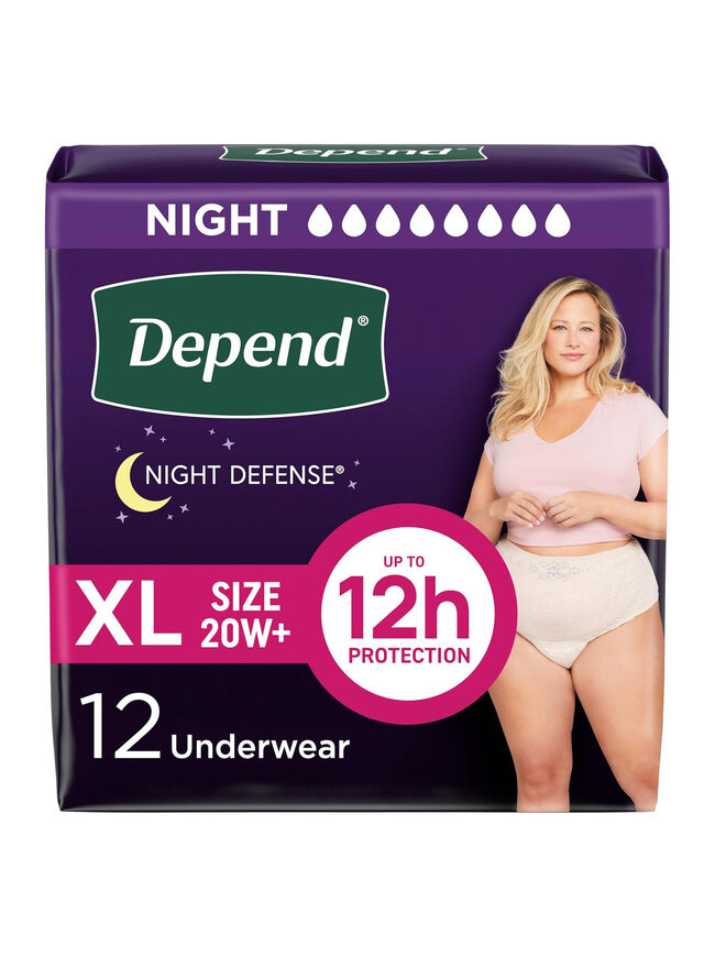 Depend Night Defense Adult Incontinence & Postpartum Bladder Leak Underwear for Women, Disposable, Overnight, Extra-Large, Blush, 12 Count, Packaging May Vary