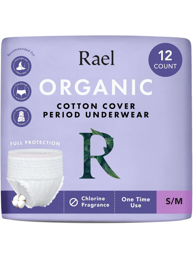 Rael Disposable Underwear for Women, Organic Cotton Cover - Incontinence Pads, Postpartum Essentials, Disposable Underwear, Unscented, Maximum Coverage (Size S-M, 12 Count)