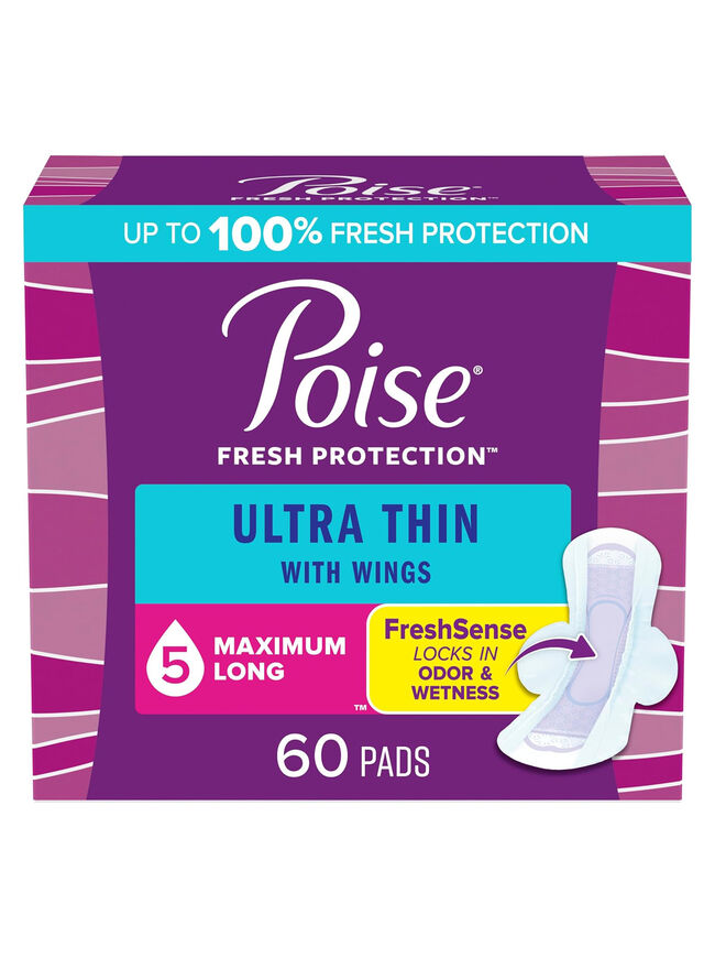 Poise Ultra Thin Incontinence & Postpartum Pads with Wings for Bladder Leaks, 5 Drop Maximum Absorbency, Long Length, 60 Count, Packaging May Vary