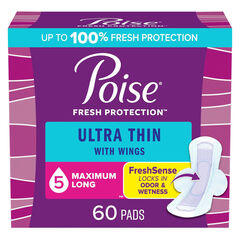 Poise Ultra Thin Incontinence & Postpartum Pads with Wings for Bladder Leaks, 5 Drop Maximum Absorbency, Long Length, 60 Count, Packaging May Vary