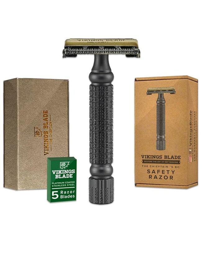VIKINGS BLADE Double Edge Safety Razor for Men + 5 Swedish Steel Blades + Luxury Case. Smooth, Reusable, Recyclable (Chieftain “5 BC”)