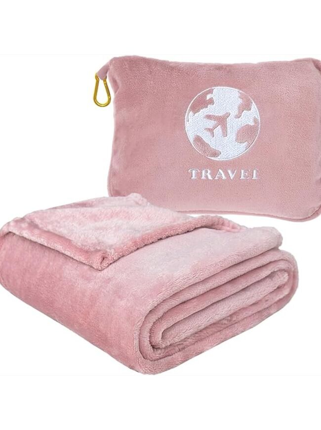 Bnuitland Travel Blanket and Pillow 2 in 1, Soft Flannel Airplane Blanket in Bag Compact-Long Flight Essential for Adults and Kids, Portable Luggage Sleeve and Backpack Clip, 65×40 inch Pink