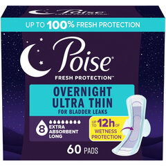 Poise Overnight Ultra Thin Pads with Wings: 8 Drop, Long, 60 Count (3×20)