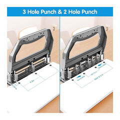 AFMAT Heavy Duty 3 Hole Punch, 50-Sheet 2 Hole Punch, 50% Reduced Effort 3-Hole Puncher, Adjustable Three Hole Punch 2 Hole Paper Punch, Metal Paper Puncher w/Large Chip Tray, Metal Paper Guide, Gray