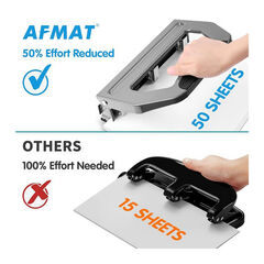 AFMAT Heavy Duty 3 Hole Punch, 50-Sheet 2 Hole Punch, 50% Reduced Effort 3-Hole Puncher, Adjustable Three Hole Punch 2 Hole Paper Punch, Metal Paper Puncher w/Large Chip Tray, Metal Paper Guide, Gray