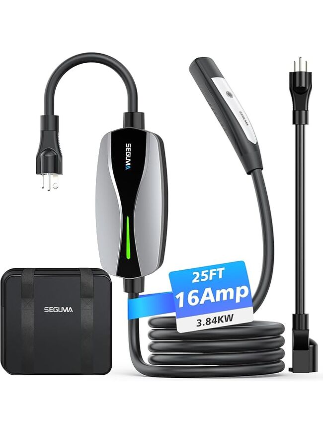 SEGUMA Portable Level 1/2 EV Charger for Tesla, 16Amp NACS Car Charger with 110V-240V, 25FT Extension Cable, NEMA 6-20 Plug, NEMA 5-15 Adapter, Home Mobile Wall Connector EV Charging Station for Tesla Cars
