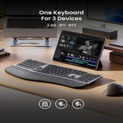 Backlit Wireless Ergonomic Keyboard, EK01 Plus Full Size Ergo Split Keyboard with Wrist Rest, USB-C Charging, Bluetooth and USB, Natural Typing Compatible with Windows/Mac/Android