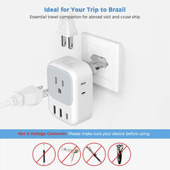 TESSAN Brazil Power Type N Adapter, 4 American Outlets 3 USB Charger
