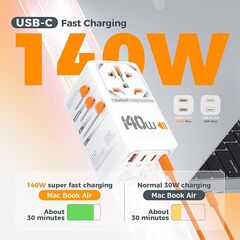 140W GaN Universal Travel Adapter, TESSAN International Plug Adaptor with 1 USB A and 3 USB C Charging Ports, Worldwide Power Outlet for US to Europe UK AUS Ireland(Type C/G/A/I)