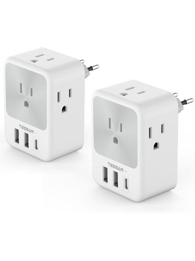 European Travel Plug Adapter 2 Packs, TESSAN Europe International Power Adaptor with 4 Outlets 3 USB Charging Ports (1 USB C), Type C Plug for Germany Iceland Spain Italy France