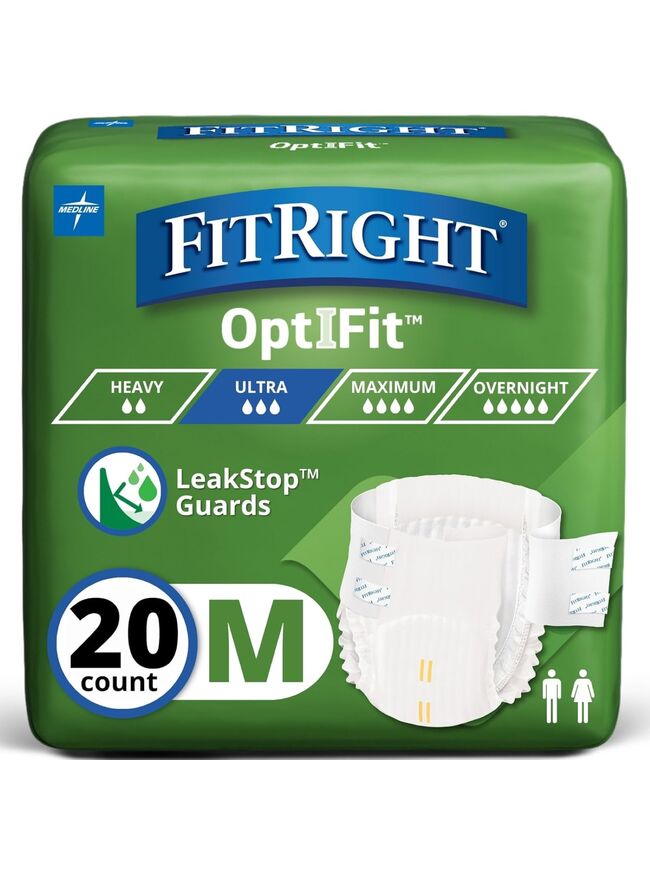 FitRight Ultra Absorbency Adult Diapers, FSA/HSA Eligible, 20 Count, Waist Size 32"-44", M, Incontinence Briefs for Men and Women, Disposable, Moisture Wicking, Leak Protection