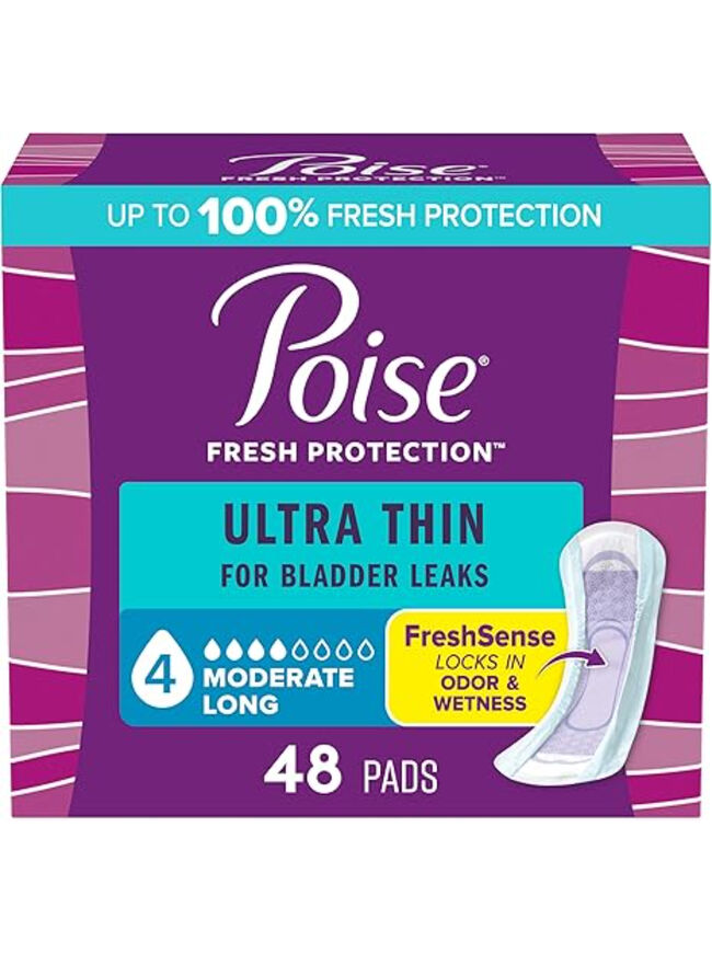 Poise Ultra Thin Incontinence Pads & Postpartum Pads for Bladder Leaks, 4 Drop Moderate Absorbency, Long Length, 48 Count, Packaging May Vary