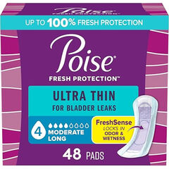 Poise Ultra Thin Incontinence Pads & Postpartum Pads for Bladder Leaks, 4 Drop Moderate Absorbency, Long Length, 48 Count, Packaging May Vary