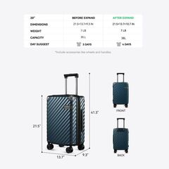 LUGGEX 20 Inch Carry On Luggage - Polycarbonate Expandable Hard Shell Suitcase with Spinner Wheels - Navy